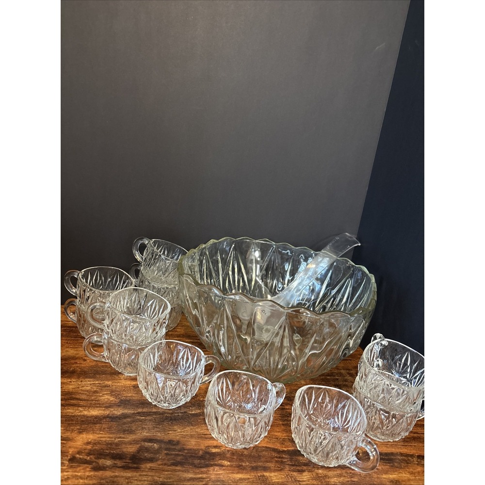 Vintage Punch Bowl Set Crystal Bowl 12 Cups Williamsport by Hazel-Atlas Server